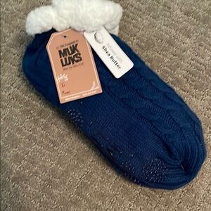 Muk Luks Navy Slipper Socks with White Cuff